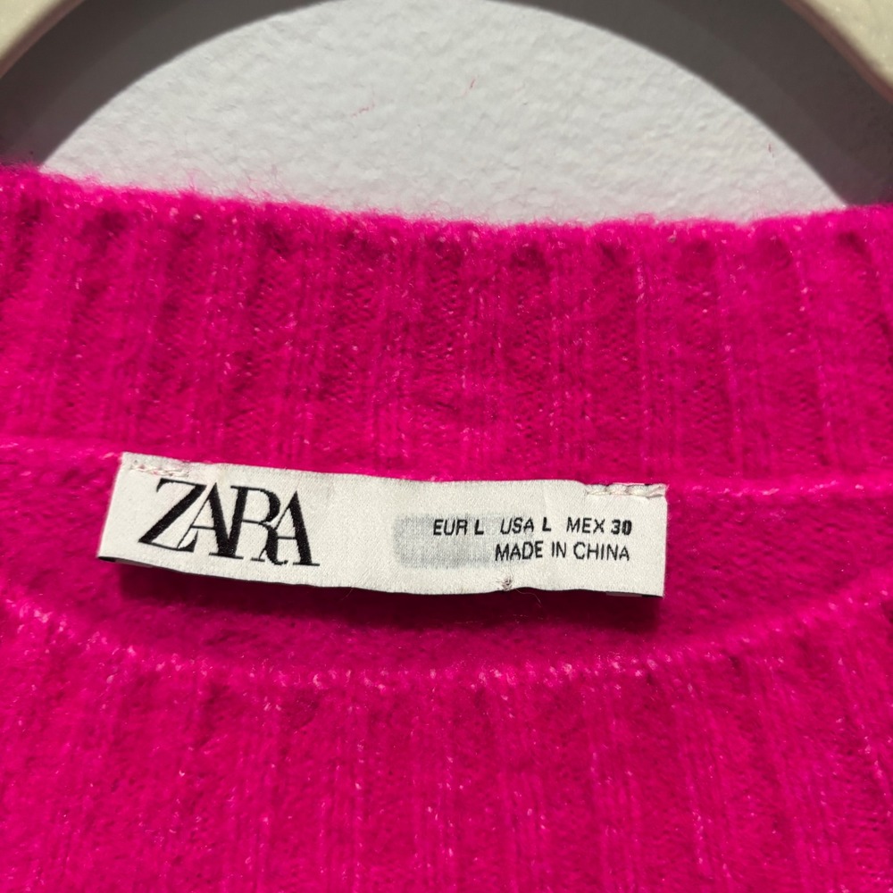 Zara Oversized Knit Sweater Fuchsia Pink Crew Neck Wool Blend Pullover Womens L - Picture 4 of 6